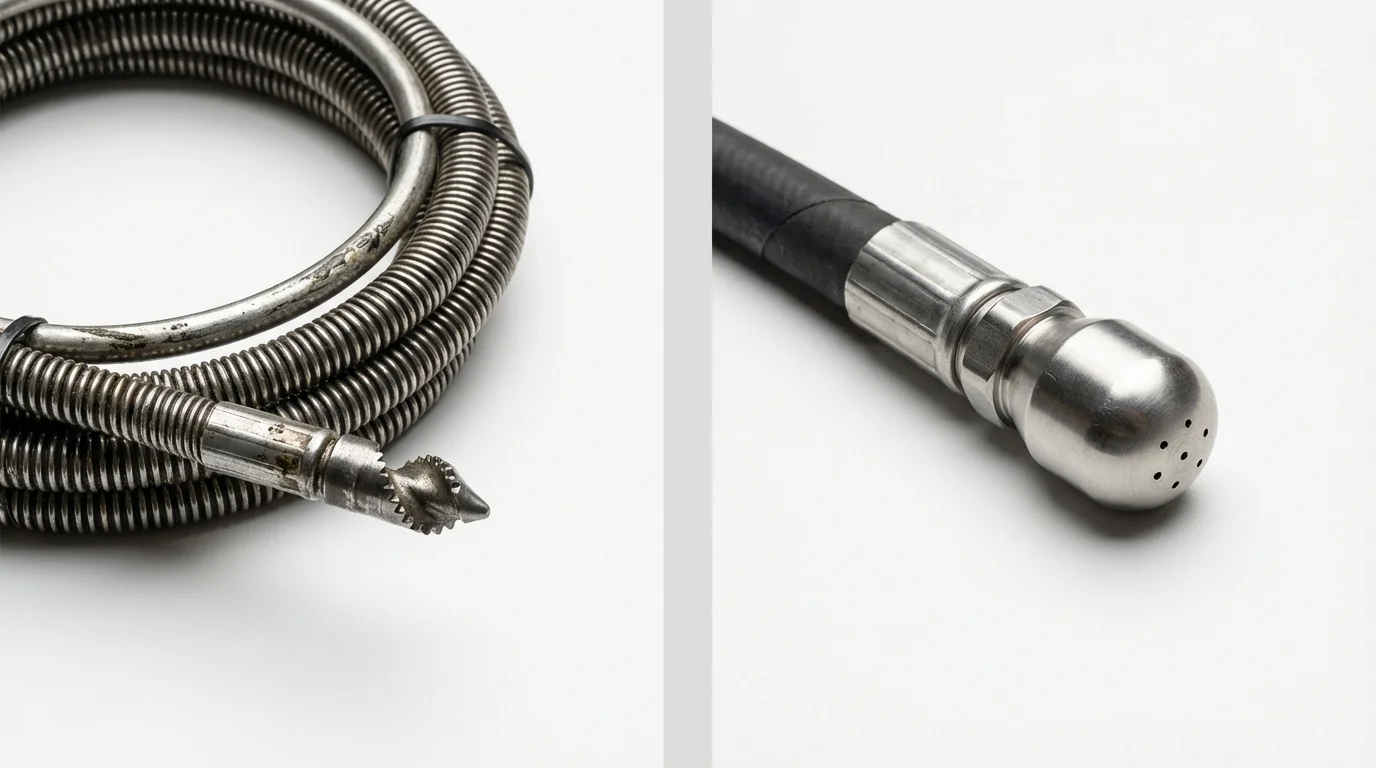 Drain snake cable and hydro jetting nozzle used for drain cleaning in Galveston, IN