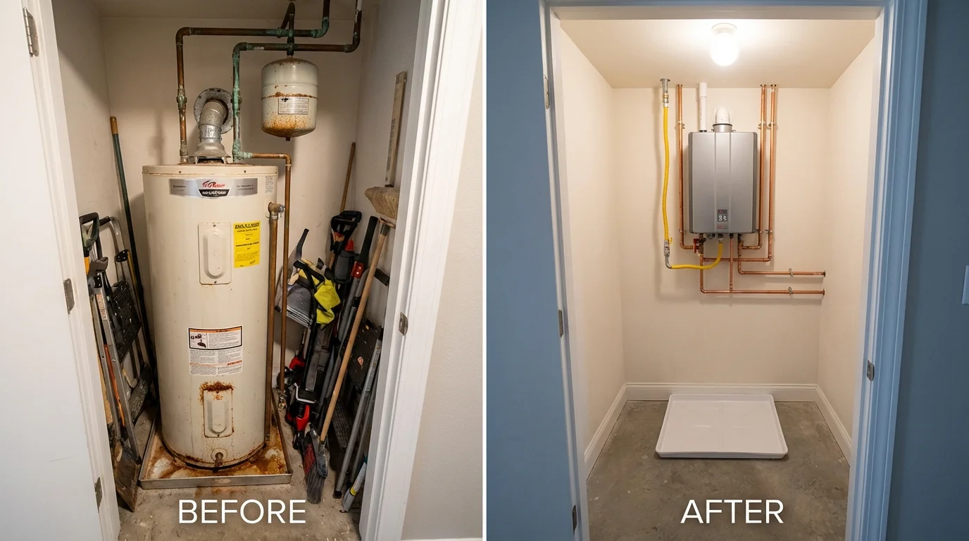 Tank water heater versus wall-mounted tankless unit comparison for Galveston, IN homeowners