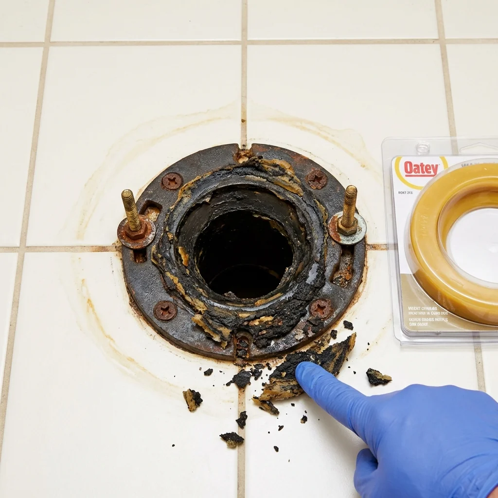 Failed wax ring showing water seepage at the base of a toilet in a Galveston, IN home