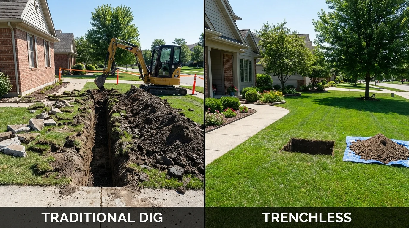 Trenchless sewer repair with minimal yard damage versus traditional excavation in Galveston, IN