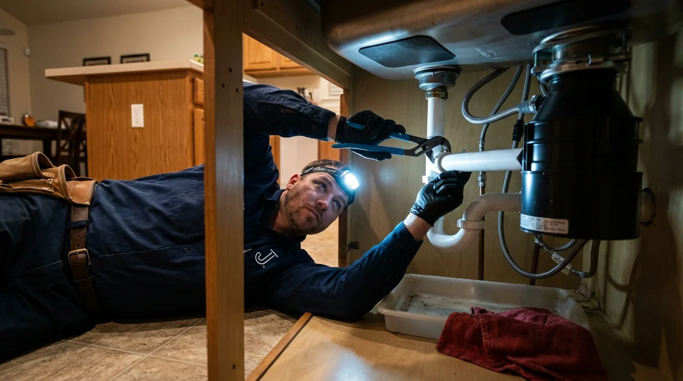 P-trap and supply line connections under a kitchen sink showing a common leak point in Galveston, IN